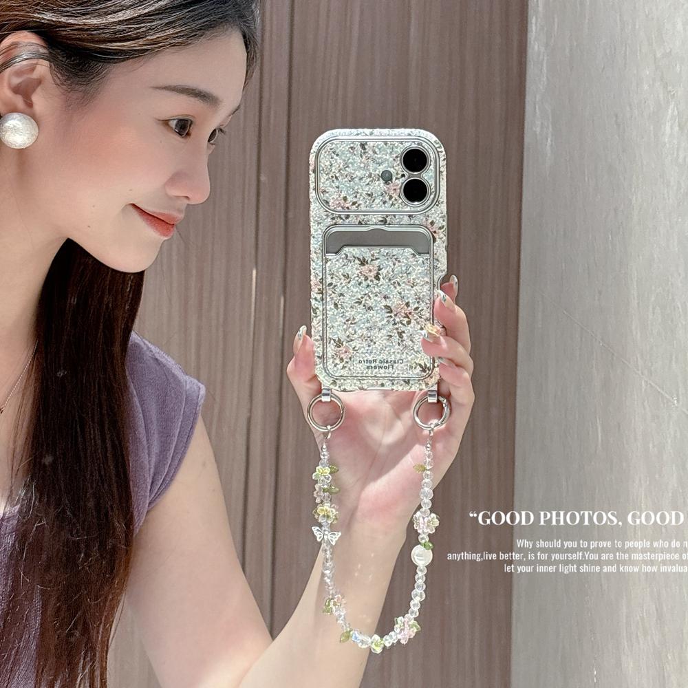 KEYSION Women Girl's Flower Phone Case for iPhone 14 15 16 17 Pro Max Card Holder Bag Shockproof Cover with Bead Bracelet Chain