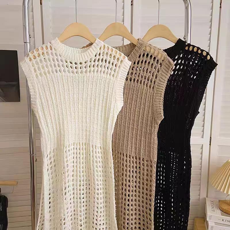 Summer Sleeveless O Neck Hollow Out Knitted Mesh Short Dress Women Fashion Loose Casual Holiday High Split Sexy Party Dresses Solid Thin Covers Up