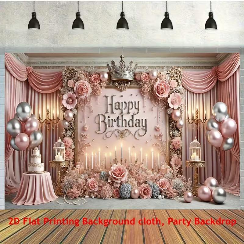 2D Pink Floral Crown Birthday Backdrop Home Party Celebration Photo Background