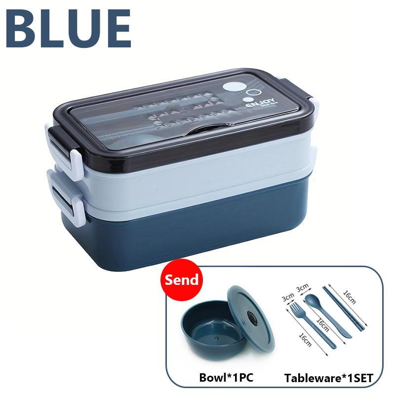 School start season double-layer microwave oven lunch box, including soup bowl, knife, fork and spoon, school lunch box