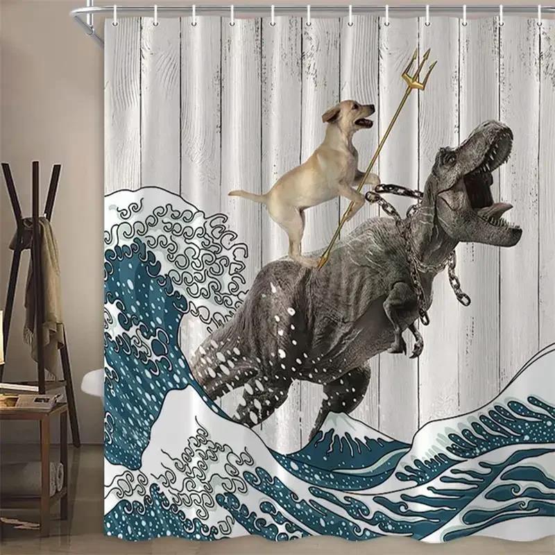 Rideau de douche amusant Chat sur Dinosaure Vagues de l'Océan Mer Rideau de Bain Créatif pour Enfants Tissu Polyester Décoration de Salle de Bain Avec Crochets