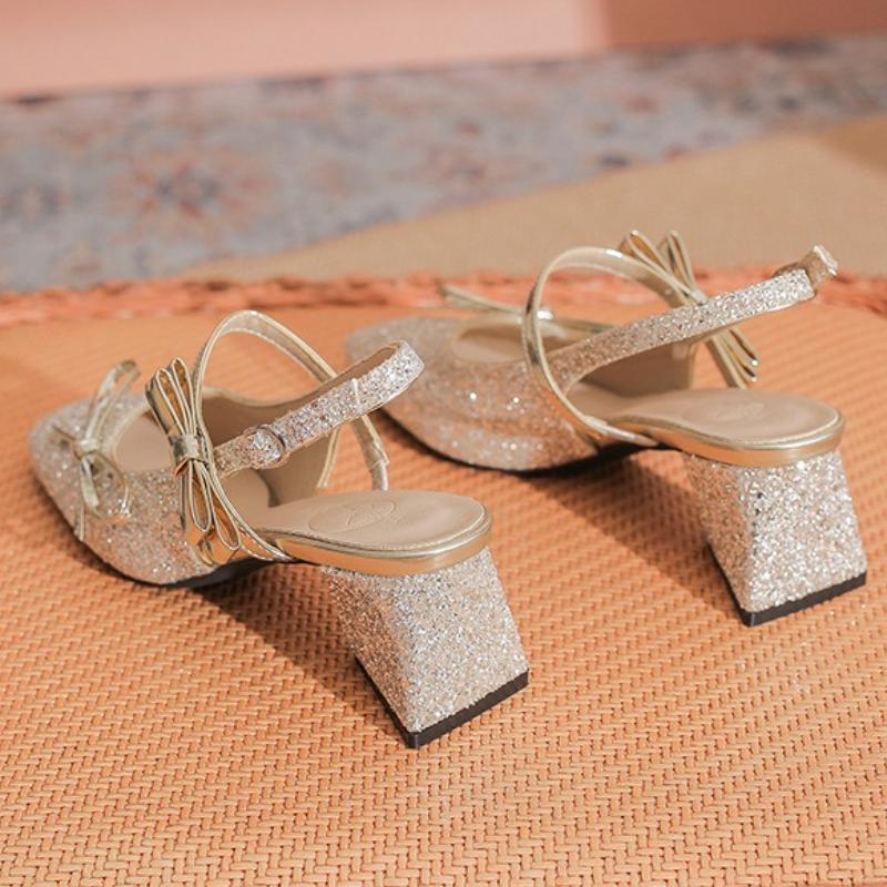 Fashion Bling Bow Mary Jane Shoes Women Fashion Square Toe Back Strap Buckle High Heel Sandals Sweet Wedges Dress Shoes Sandalias Mujer