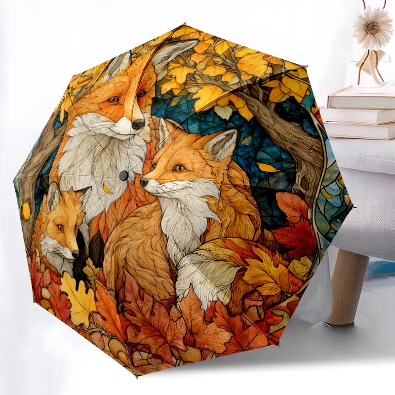 0106 Fox Family  pattern, automatic folding umbrella, portable and foldable design, 8 ribs, a Christmas or birthday gift.