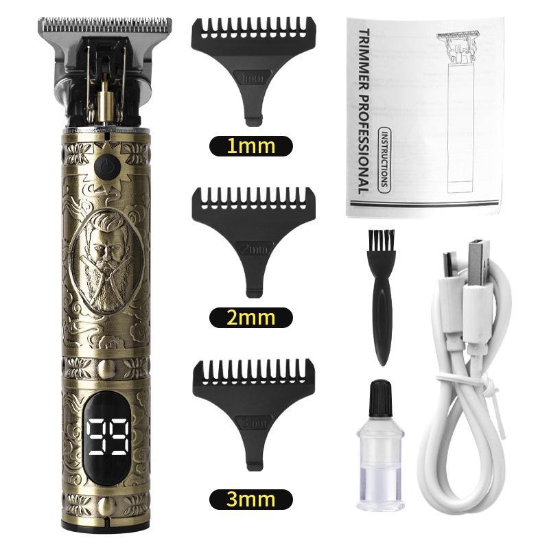 Retro T9 Electric Hair Clipper with LCD Display, USB Charging, Buddha Head Design, Oil Head Styling, and Power Push Technology.