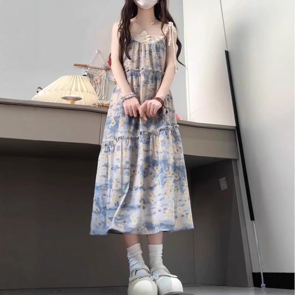 Summer new holiday wind floral suspender dress pastoral small ethnic Mori seaside beach long dress women