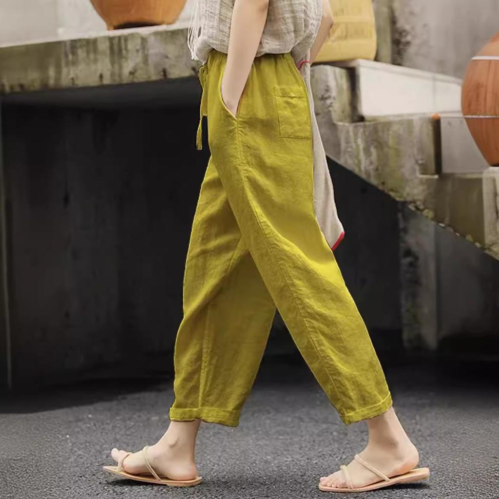 Spring, Summer and Autumn Ladies Solid Color Pocket Drawstring Trousers