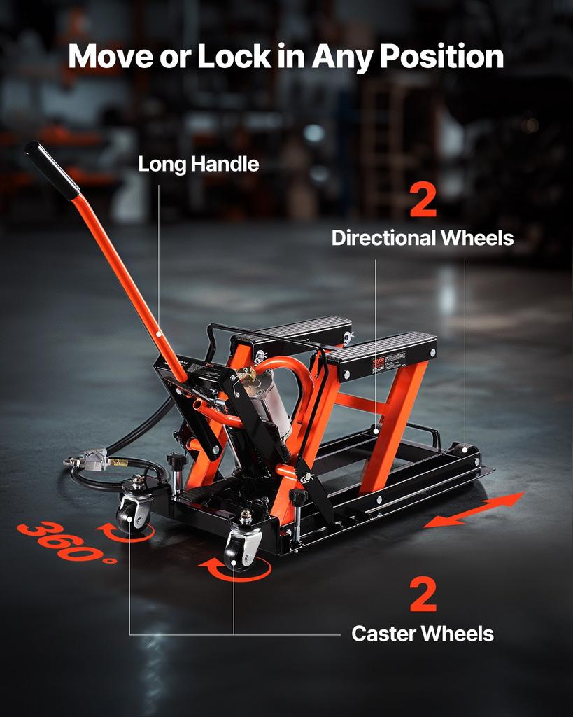 VEVOR Motorcycle Lift, 1500lbs Weight Capacity, Hydraulic & Pneumatic Motorcycle Jack, 4.1-15 In Height Range