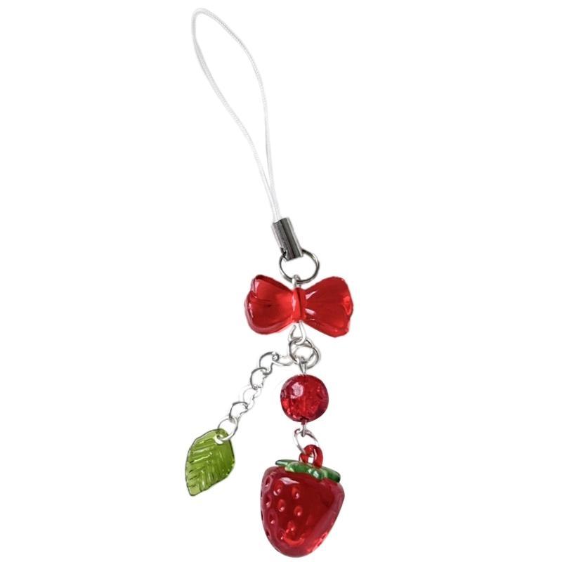 Lace Ribbon Keyring Cute Sweet Strawberry Pendant Keychain Colorful Beaded Phone Lanyard Multi-Functional Bags Accessories