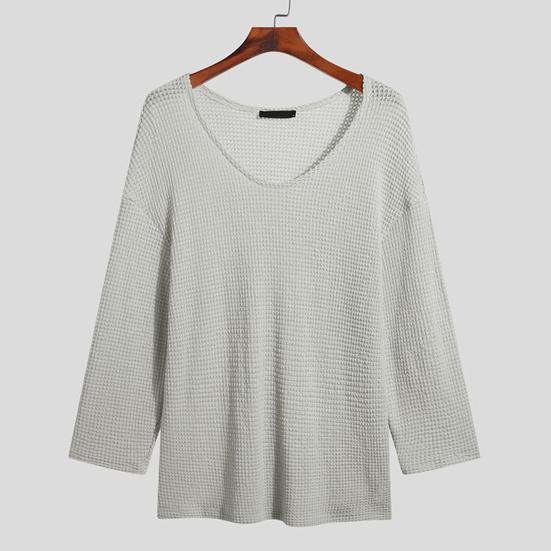 Spring Autumn Men Pullover Sweater V-Neck Long Sleeve Solid Color Knitted Tops Hollow