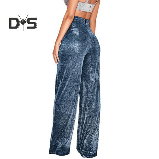 Spodnie damskie z szerokimi nogawkami i nadrukiem na gorąco, błyszczące, długie, klubowe, występy, zapięcie na suwak, spodnie z brokatem