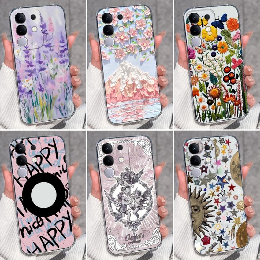 Shockproof Silicone Phone Cases For Vivo Y29 Y29s Y28 Y27 Y27t Y22 Y22s Y21 Y21e Y21s Y20 Y20i Beautiful Lavender Pattern Clear Covers For Vivo Casing