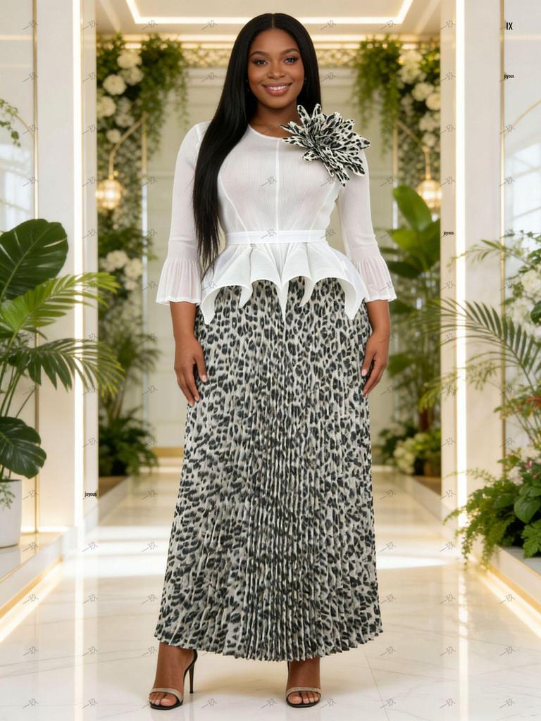 Miyake Plus Size 3D Floral Pleated Skirt Set for Women - Irregular Long Skirt