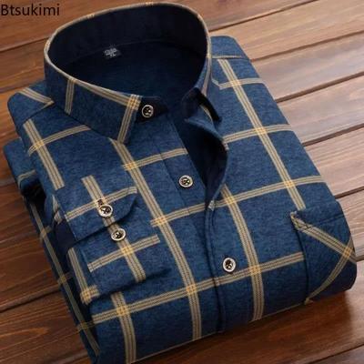 2026 Men's Winter Warm Long Sleeve Plaid Shirts Flannel Fur Lined Thick Formal Shirts Fleece Casual Shirt for Men Dress Shirts