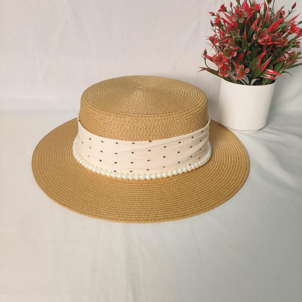 Summer Women's Seaside Vacation Pearl Flat Top French Straw Hat Idyllic Literary and Retro Versatile Loli Sun Hat Top Hat