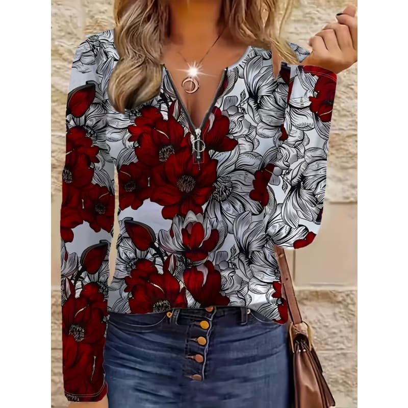 Women's Creative Printed Zipper Long-sleeved T-shirt, Breathable, Soft and Comfortable, Suitable for All-year-round Casual Wear