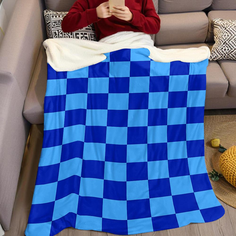 Dual Blue Check Flannel Blanket Warm Soft Halloween Christmas Couch Warm Cozy Decorative Decor Gift For All Season