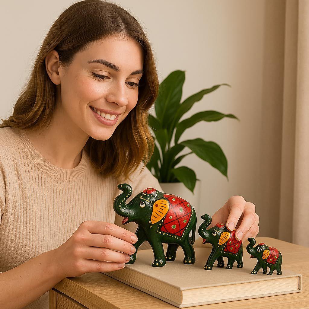 Paper Mache Elephant Showpiece, Standard, Green, 3 Piece, Home Decor, Cultural, Traditional, Festive