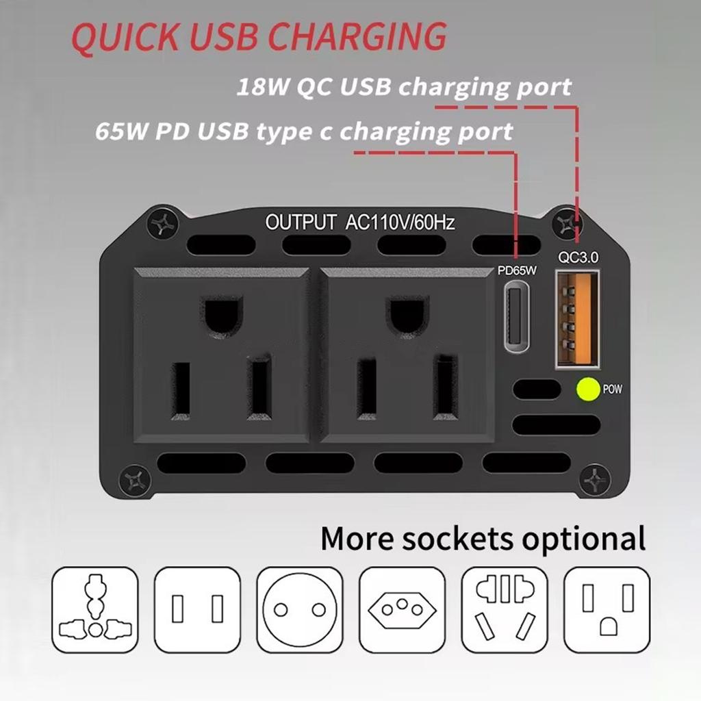 300W Power Inverter 12V DC To 110V AC Automotive Conversion Power Supply QC3.0 with PD65W USB C Charging Port 18W QC