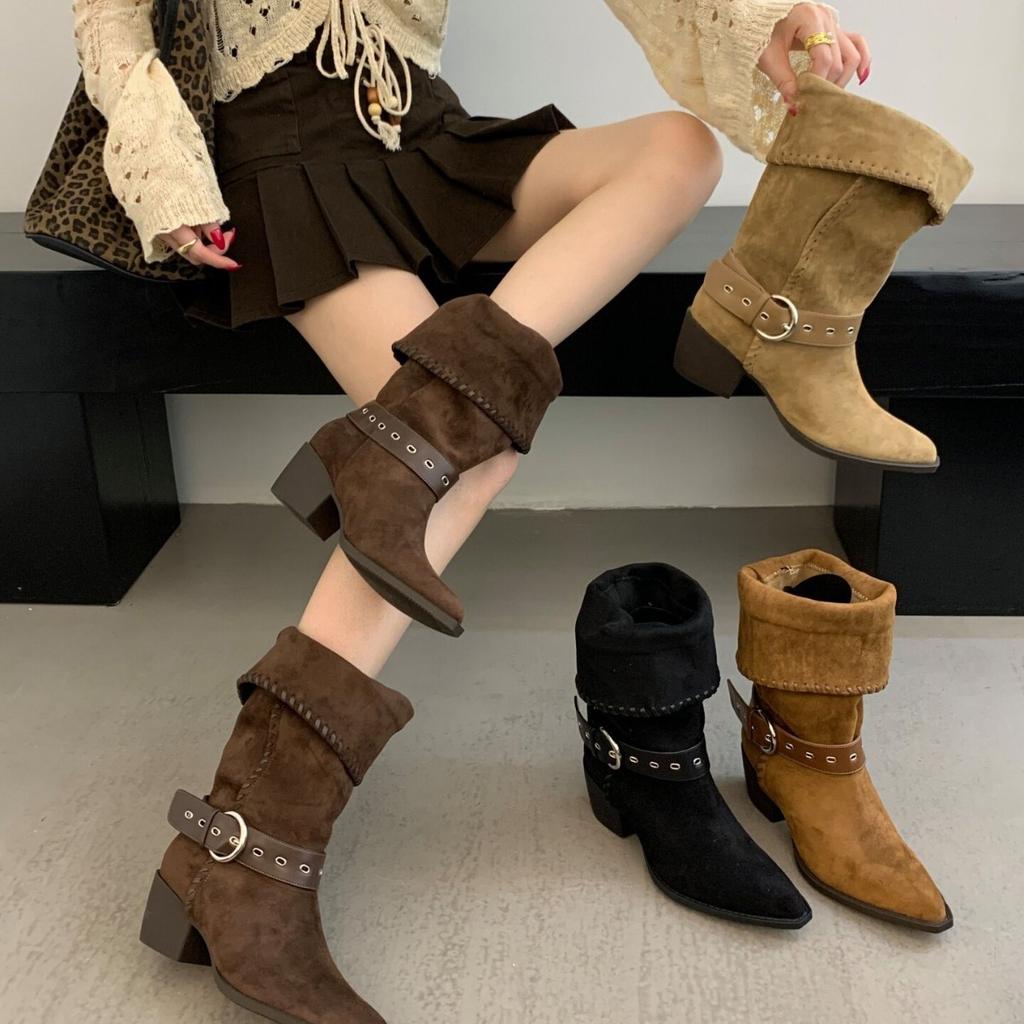 ShanGguLi French thick heel belt buckle thin boots women's autumn new temperament versatile fashion short boots