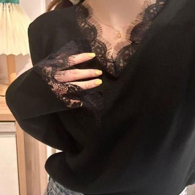Plus Size German Velvet Slim Fit Long Sleeve Lace Trim T-shirt - Autumn/Winter