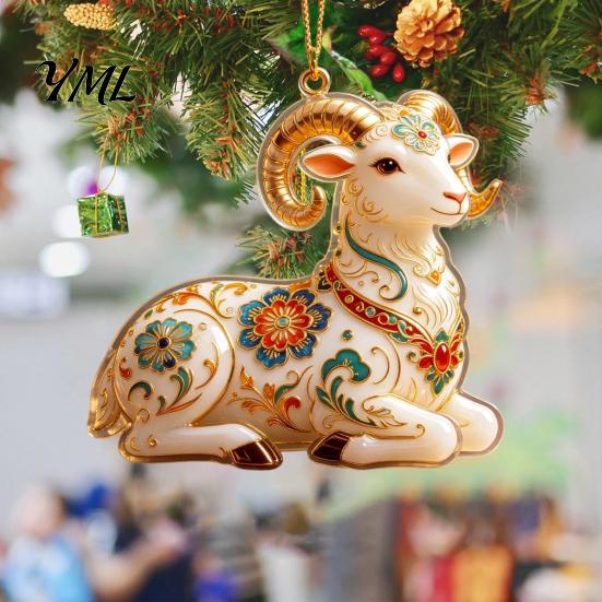 Christmas Party Supplies 2D Acrylic Goat Ornament, Farm Animal Car Rearview Mirror Tree Decor Charm, Auto Interior Hanging Pendant for Tree,