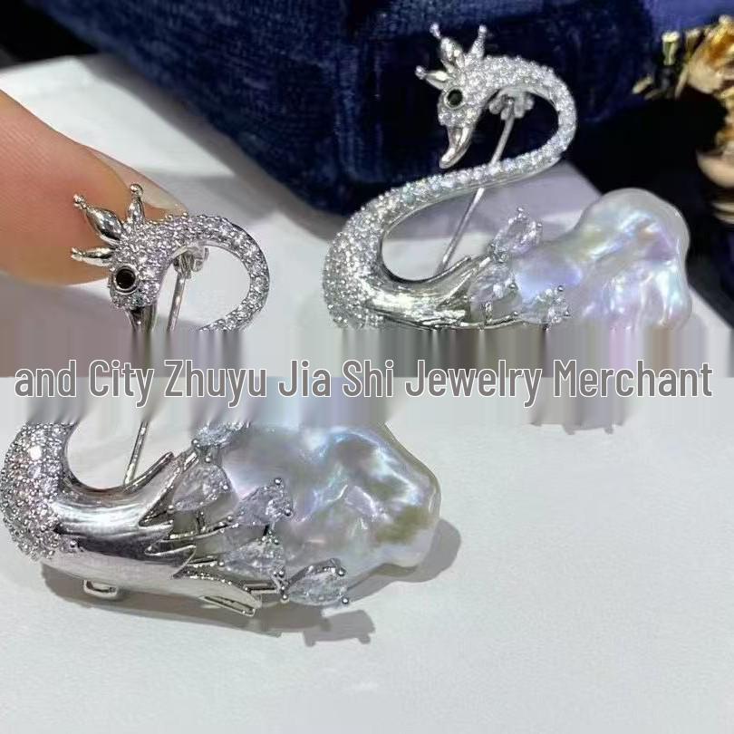 Baroque Swan Brooch: Gold & Silver Pin with Irregular Pearl, Corsage Setting - Women's Ornament Accessory