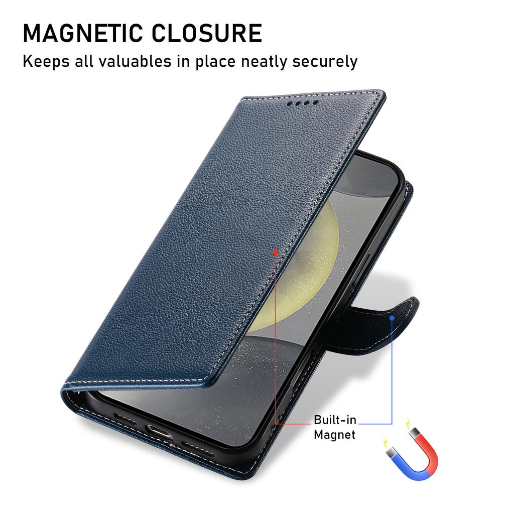 For Samsung Galaxy S25 FE Case Magnetic Snap Litchi Texture Leather Wallet Phone Cover with Wrist Strap