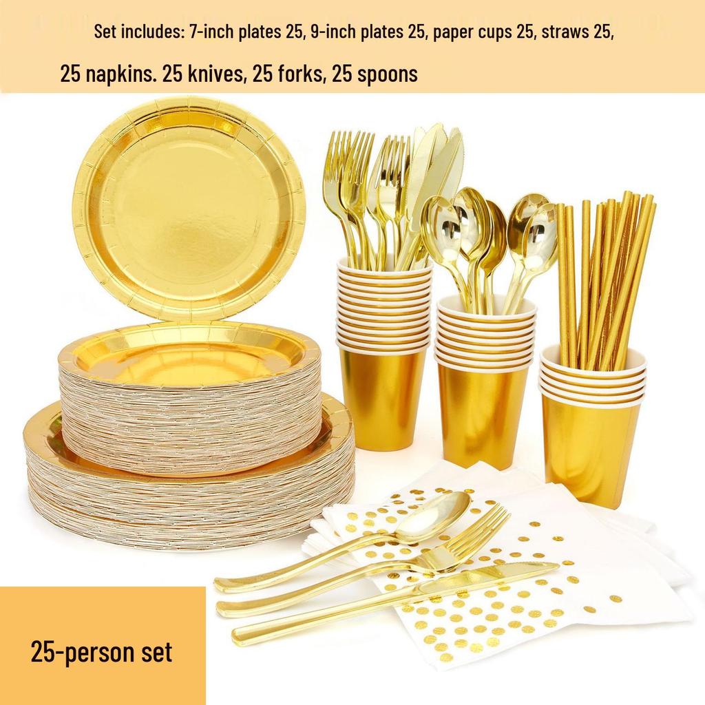 Gold Party Tableware Set: Rose Gold Plates, Cups, Straws, and Cake Dishes