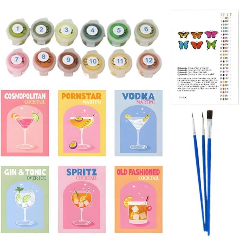 6 Pack Paint by Numbers Kit With Brush and Acrylic Paints Color Art Painting Cocktail Culture DIY Acrylic Oil Painting for Adult