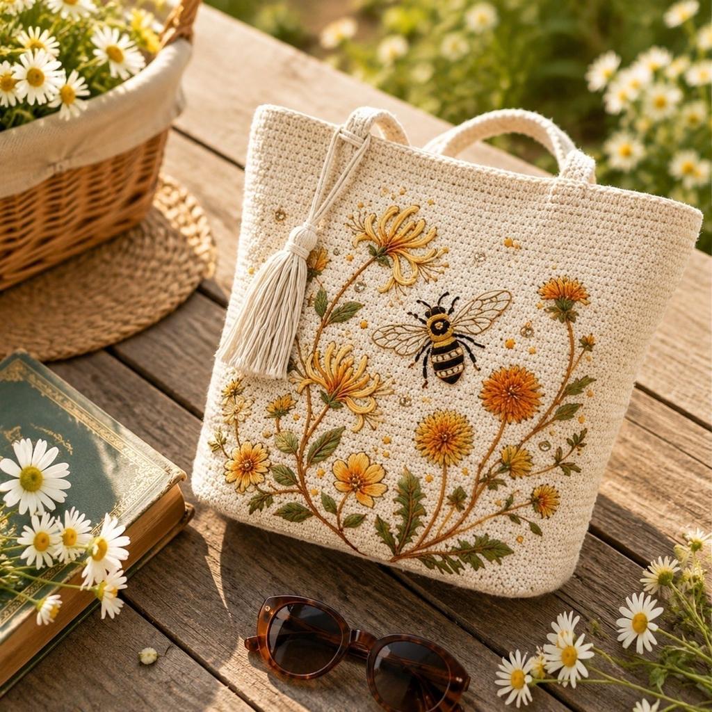 Women's Crochet Embroidered Bag for Shopping, Beach and Casual Outings