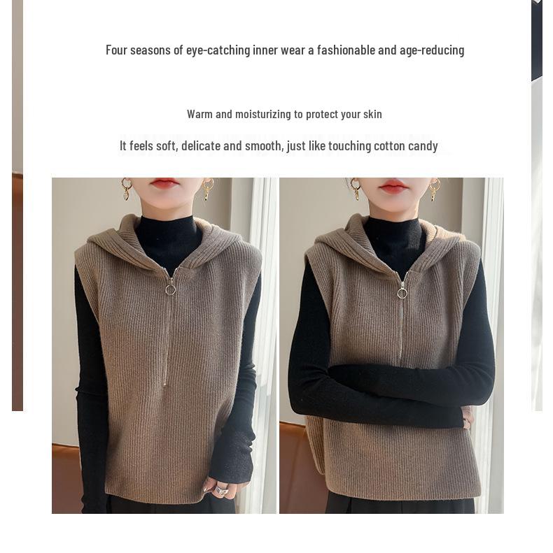 Elegant Half-Zip Hooded Knit Vest: Women's Sleeveless Lapel Cardigan Sweater - Loose and Warm Layering Top