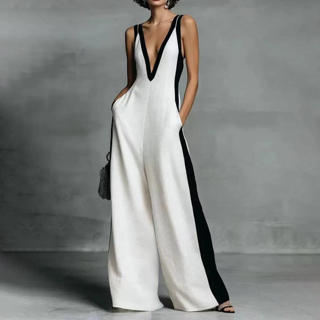 Dames mouwloze V-hals wijde pijpen jumpsuit met contrasterend paneel, losse pasvorm, eendelig, casual modekleding voor dagelijks gebruik