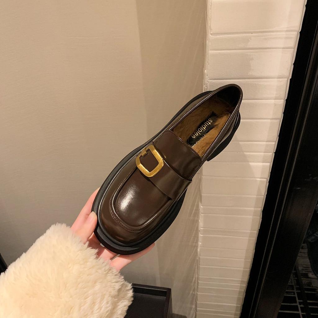 Sheepskin Grape Mother Same Noble Gold Buckle Platform Loafers Women's Leather Round Head British Lazy Thick Heel Small Leather Shoes