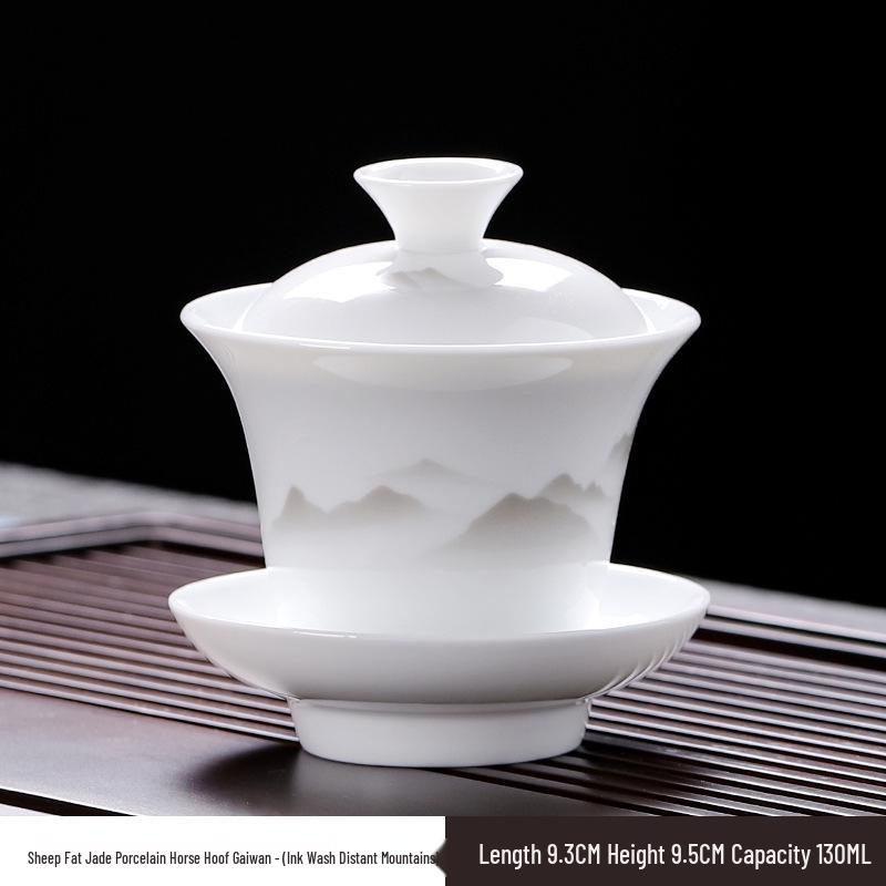 Ceramic Ink Wash Hovering Gaiwan Tea Set - White Porcelain Kung Fu Tea Ceremony Utensils. 130 ml