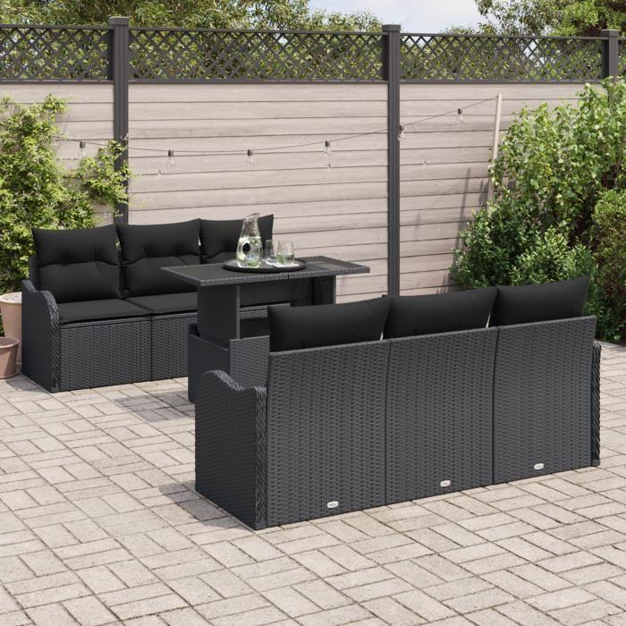 Ensemble de canapé de jardin 7 pièces avec coussins en rotin poly noir, Canapé de jardin 2 places avec coussins en rotin 3348389