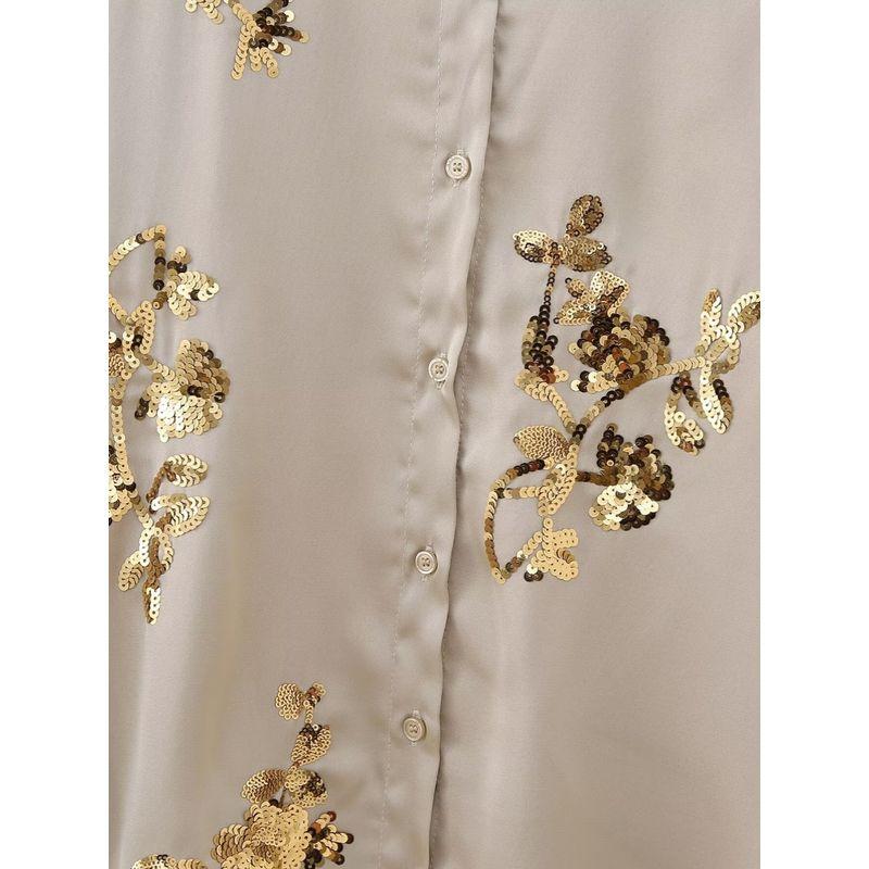 Kaslead New Arrival Women's Fashion Style Sequin Embroider Satin Shirt Casual Straight Trousers Suit