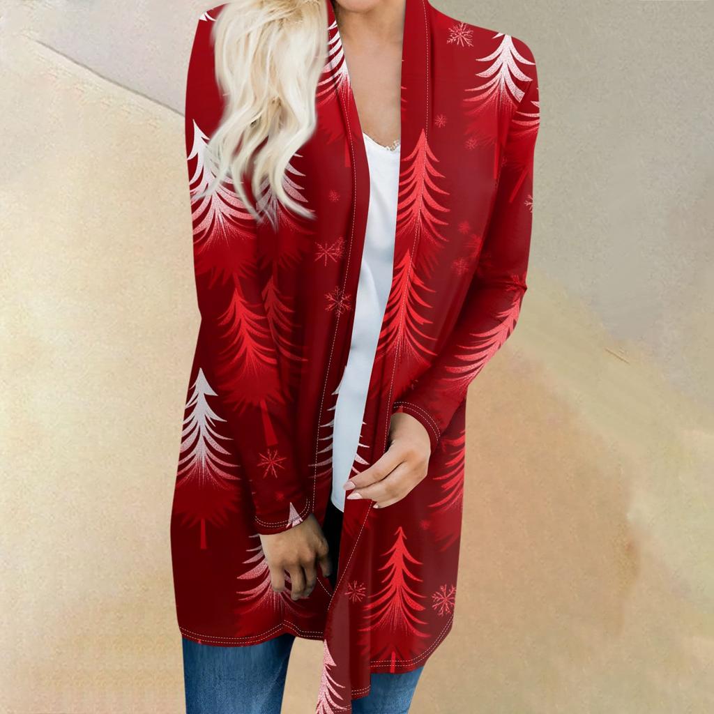 Women's Fashion Casual Christmas Tree Printed Mid-Length Cardigan Jacket