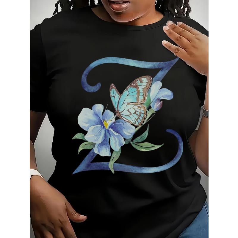 

European Size Women s Watercolor Floral Butterfly Print T-Shirt - Breathable Short Sleeve Round Neck Tee, Regular Fit Casual Top for Casual Attire, 4XL чорний