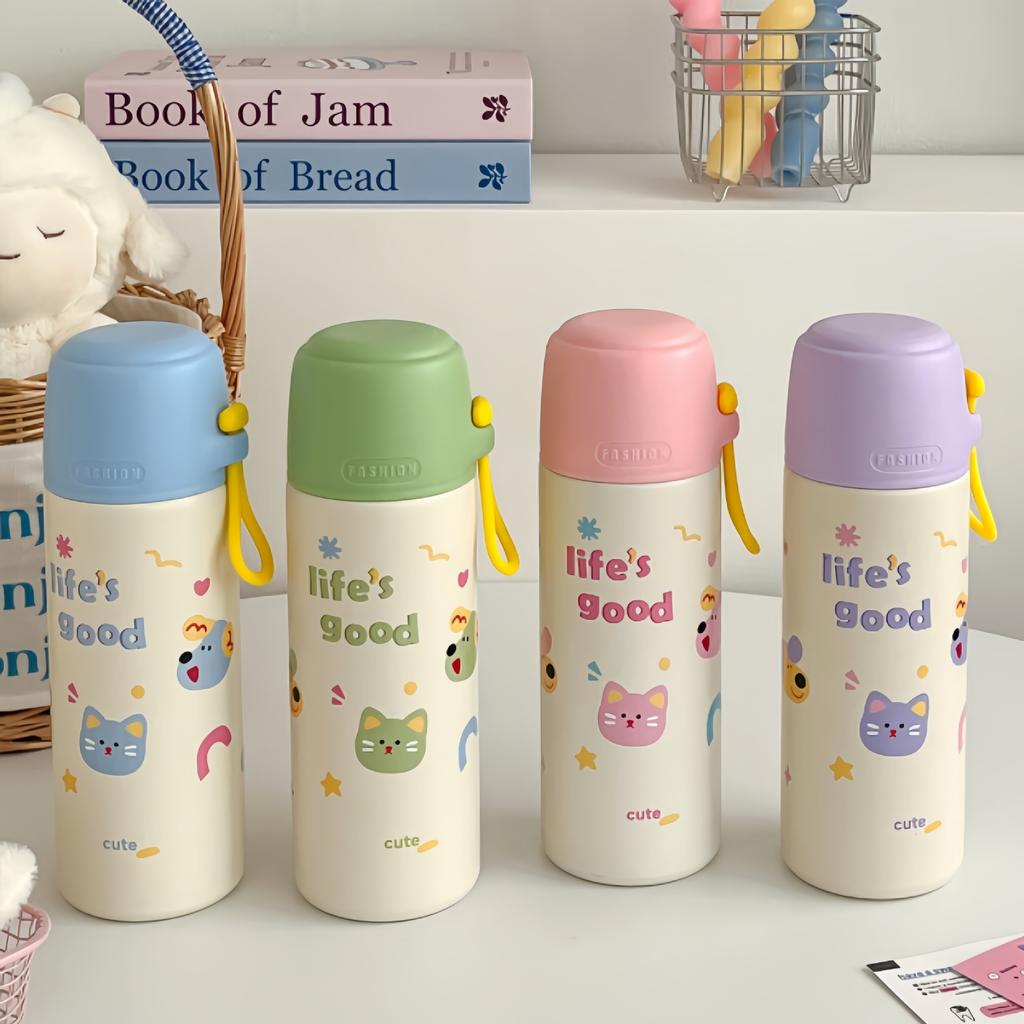 Sweet and cute 111 stainless steel vacuum thermos cup, cartoon cat animal carrying ring, student school drinking water cup