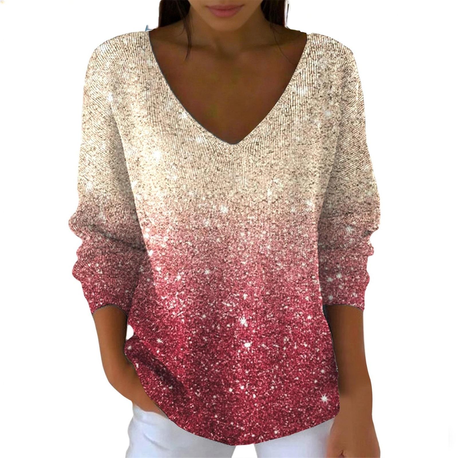 

Женский повседневный топ-свитер с длинным рукавом и V-образным вырезом из искусственной вязки с пайетками XXL бежевый