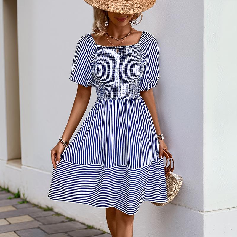 

2025 новое идиллическое летнее милое платье в полоску с квадратным вырезом и рукавами-буфами XL