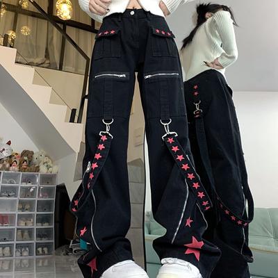 Women Black Gothic Baggy Cargo Jeans Harajuku Vintage Denim Trousers Cowboy Pants 90s Clothes