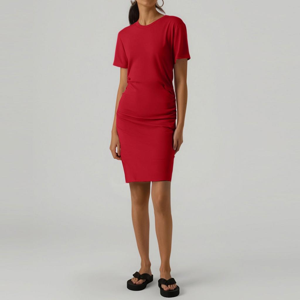 Women's Casual Fashion Summer Short Sleeved Pleated Round Neck Tight Hip Dress