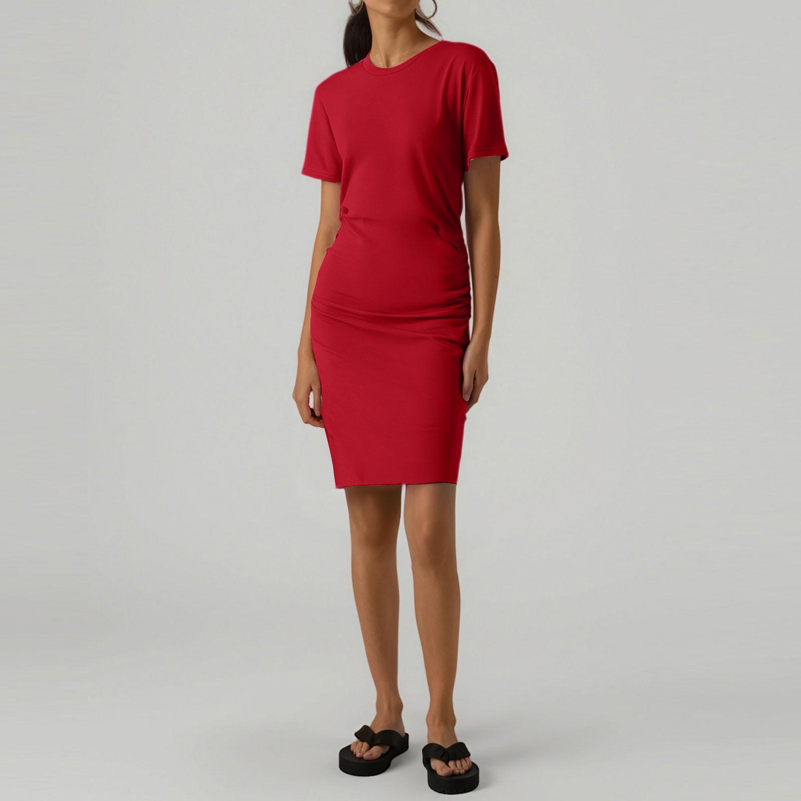 

Женское повседневное модное летнее платье с короткими рукавами, плиссировкой, круглым вырезом, облегающее бедра L красный