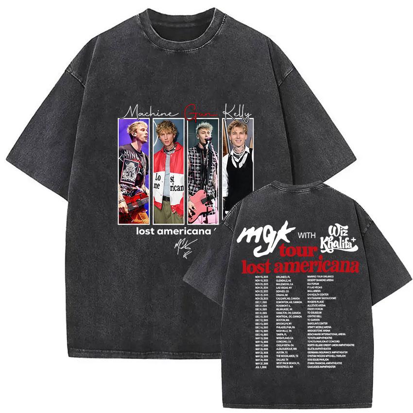 Vintage Washed MGK Lost Americana Tour  Print Tshirt Men Women Harajuku High Quality Fashion Oversized  T Shirts