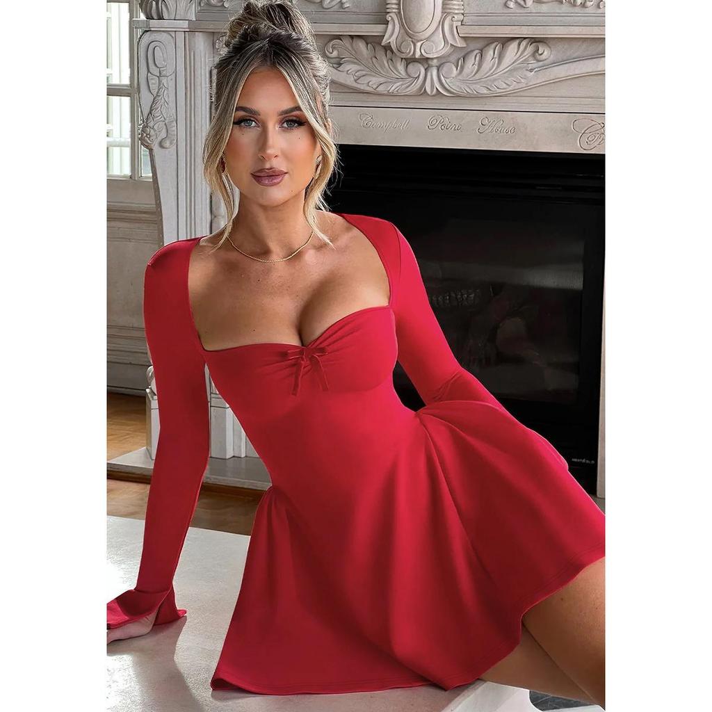 Trendy Women's New Spring and Autumn Sexy Long-sleeved Strapless Slim A-line Short Dress