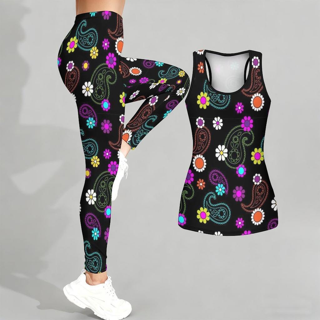 Retro Bedrucktes Yoga-Outfit für Damen Mode Workout Leggings Fitness Sport Freizeit Yoga Set Sportanzug