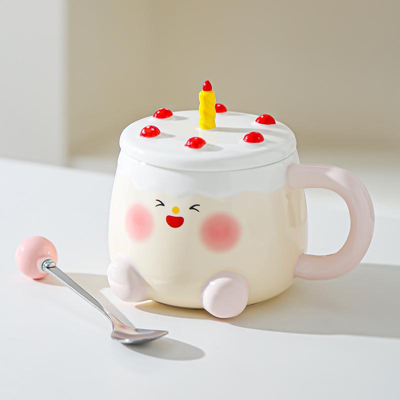 Creative Cartoon Cake Cup Birthday Gift Souvenir Ceramic Cup Cute Good Looking Water Cup with Lid Mug