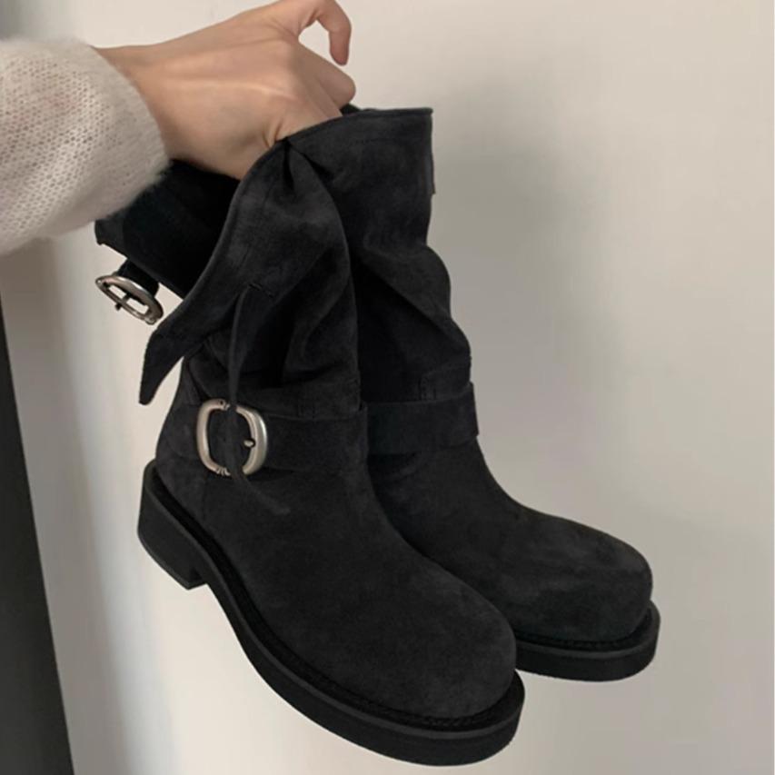 

Vintage Grape Marseille Round Toe Leather Motorcycle Boots for Women 35