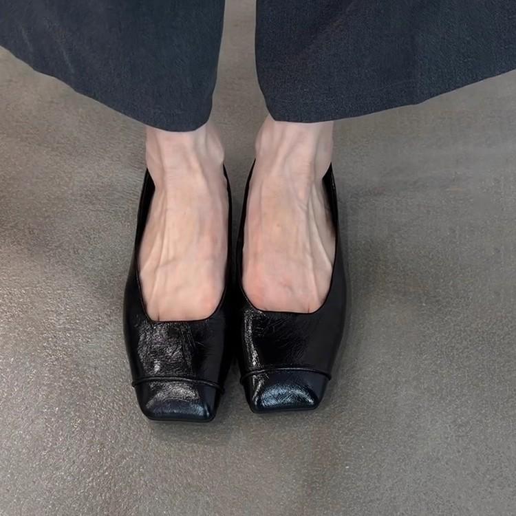 Spot-Version~ Schwarze Retro-Dünnleder Bequeme Pendel-Flats Damenschuhe Minimalistisch Quadratische Spitze Einschlupf Kleine Einzelne Schuhe